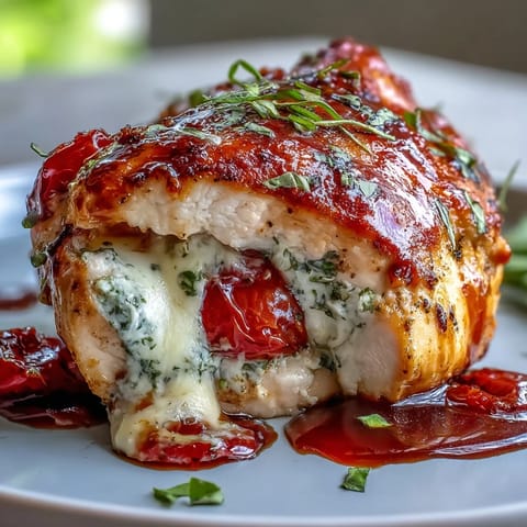 Caprese Stuffed Chicken Breast with melted mozzarella, fresh tomatoes, and basil, baked golden and drizzled with balsamic glaze.
