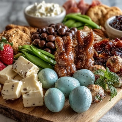 Spring Charcuterie: Mini Easter Basket Treat Board with colorful cheeses, fruits, and sweet treats arranged in festive mini baskets.