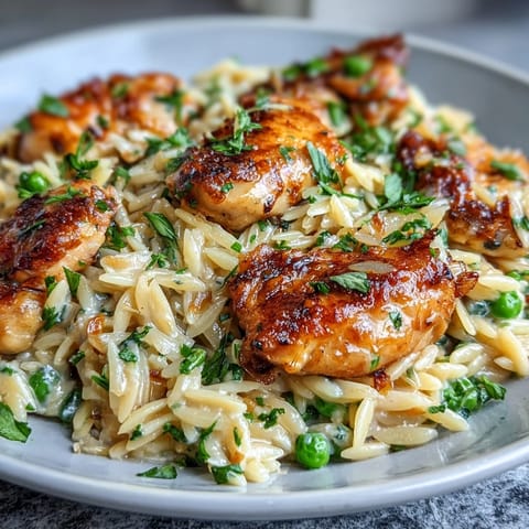 Creamy one-pot lemon orzo with tender chicken and bright green peas in a cozy skillet dinner.  