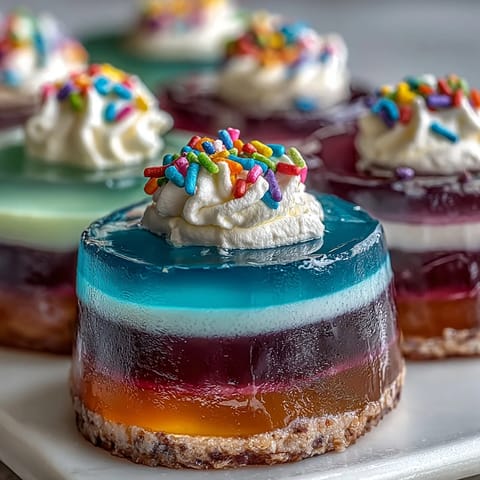 Bright and cheerful layered Jello dessert in clear cups, topped with fluffy whipped cream and sprinkles.  