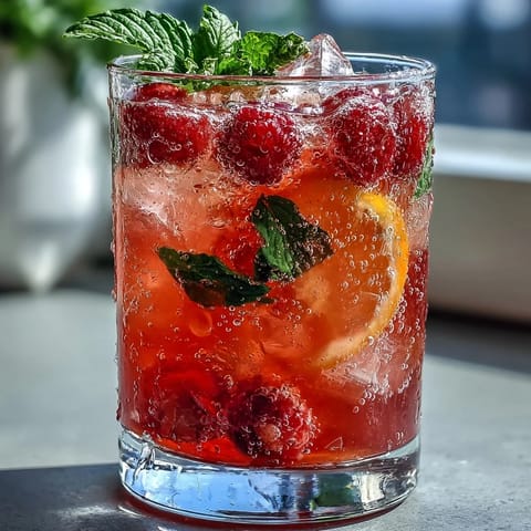 A tall glass filled with vibrant raspberry lemon spritz mocktail, garnished with fresh mint and lemon slices, perfect for summer sipping.