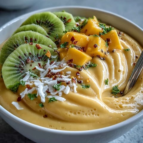 Vibrant Mango Chili Lime Smoothie Bowl brightened with fruit and seeds.
