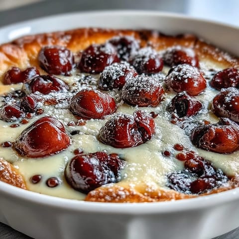 Visual of fresh cherry clafoutis, golden baked custard with juicy cherries and powdered sugar.