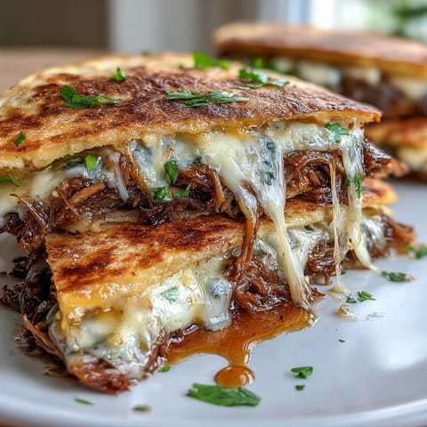 Cheesy birria quesadillas, tender braised beef with spicy broth, perfect for parties.