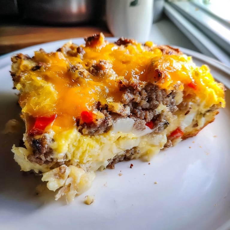 Fluffy Breakfast Sausage Casserole with savory sausage and cheese, promising a comforting brunch.
