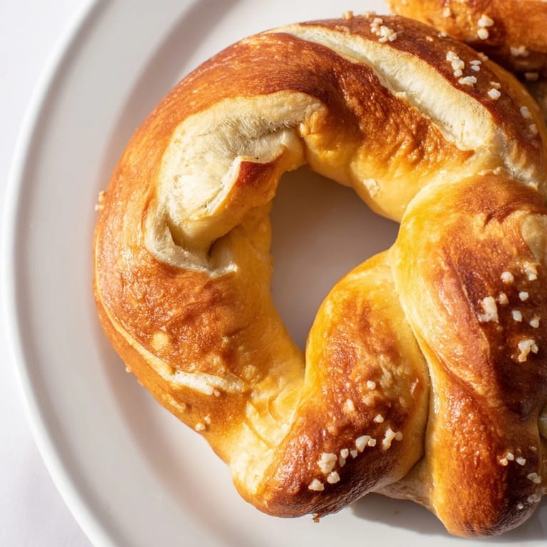 Twisted soft pretzels: a close-up shows their glistening, brown surface, perfect for sharing as a snack.