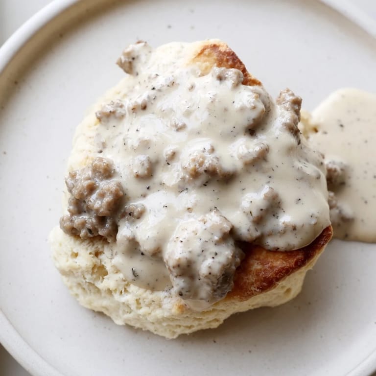 A close-up shot of warm, fluffy biscuits and gravy, the Southern comfort food classic.