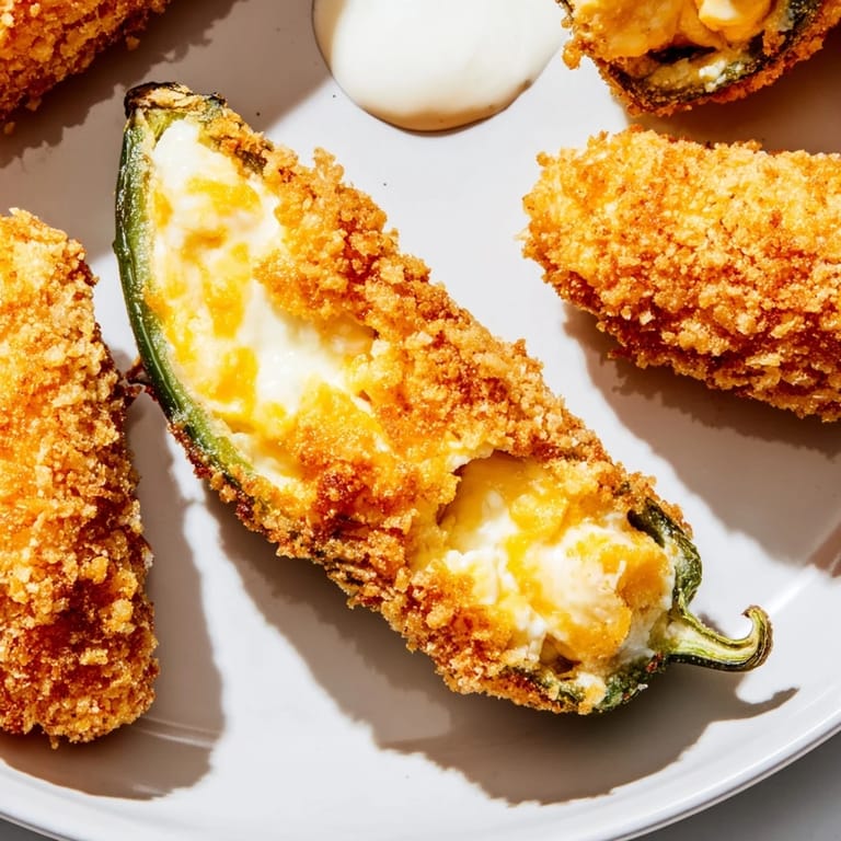 Delicious, spicy jalapeño poppers, filled with cheese and fried to a perfect golden brown, ready to eat.