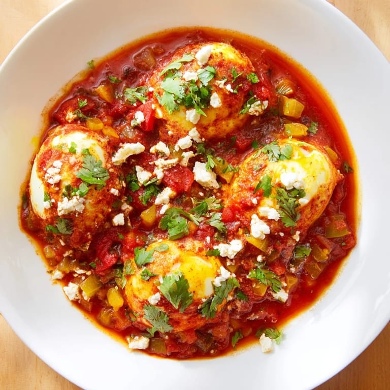 Freshly made Shakshuka with runny eggs and colorful peppers, perfect for a flavorful brunch at home.