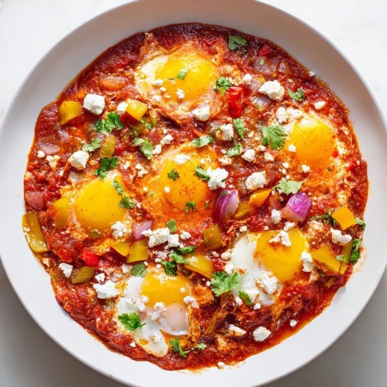 Bright red Shakshuka with poached eggs and herbs, a Middle Eastern breakfast dish served with crusty bread.