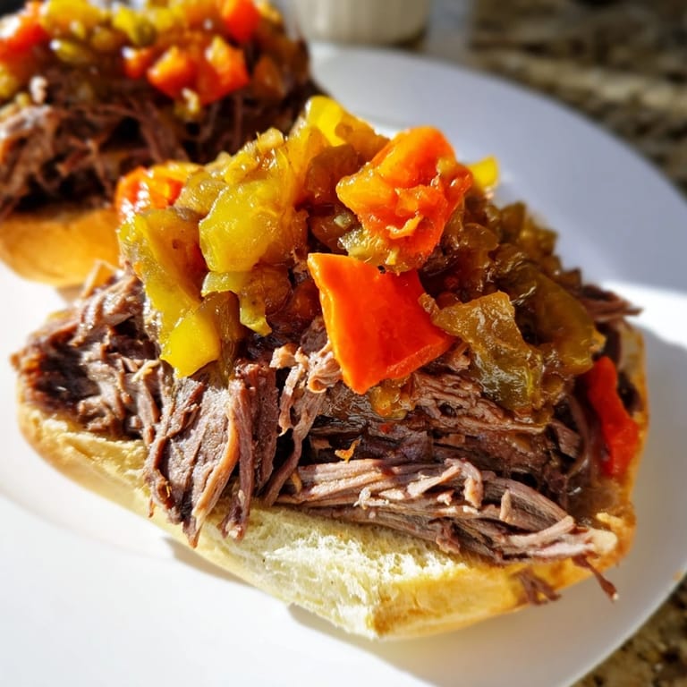 The flavorful Italian Beef Sandwich is piled high with a spicy giardiniera and tender beef.