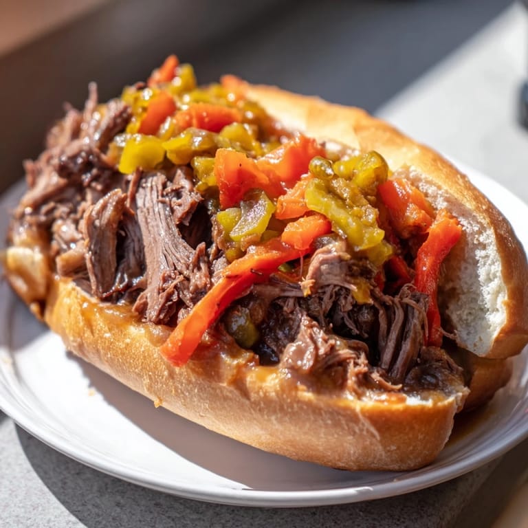 Imagine a delicious Italian Beef Sandwich, dripping with savory au jus, served hot.