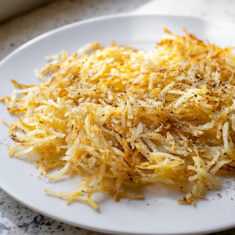 Freshly fried hash browns, with crunchy edges and fluffy insides, ideal for a satisfying brunch meal.