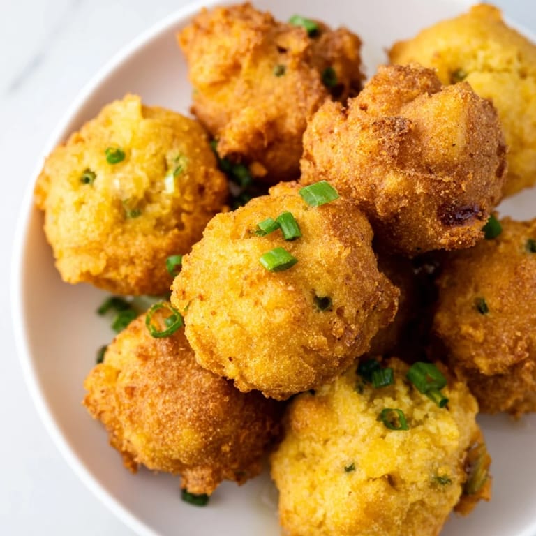 Fried hushpuppies piled on a plate, hot and delicious, ready to be served as a side.