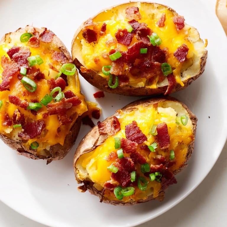 A close-up shot of loaded potato skins, showcasing melted cheddar cheese and savory bacon.