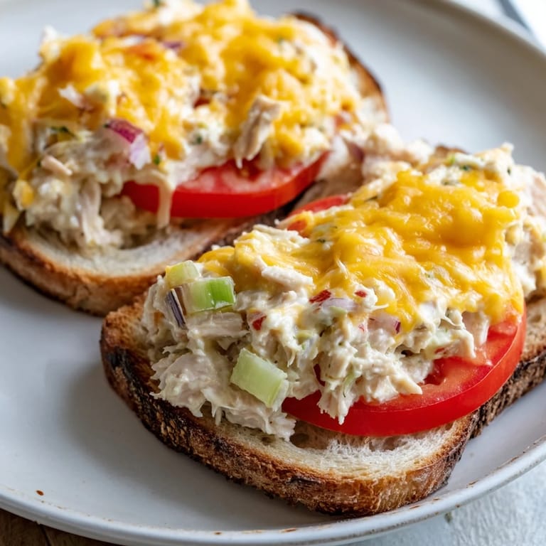 A close-up of a bubbling Tuna Melt, featuring melted cheddar and toasted, crispy bread.