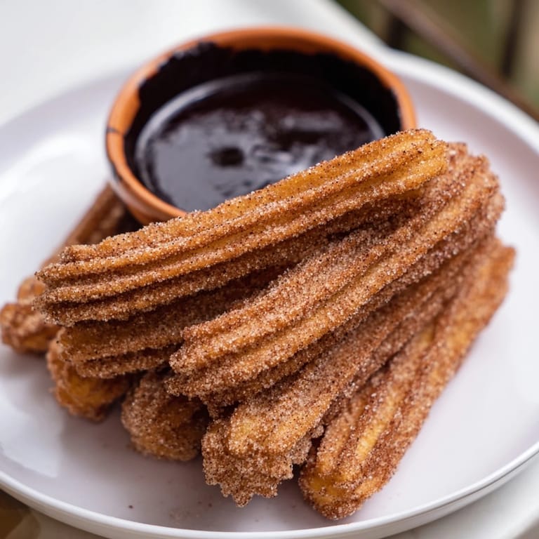 Warm, freshly fried churros, photographed with a rich, dark chocolate sauce for dipping pleasure.
