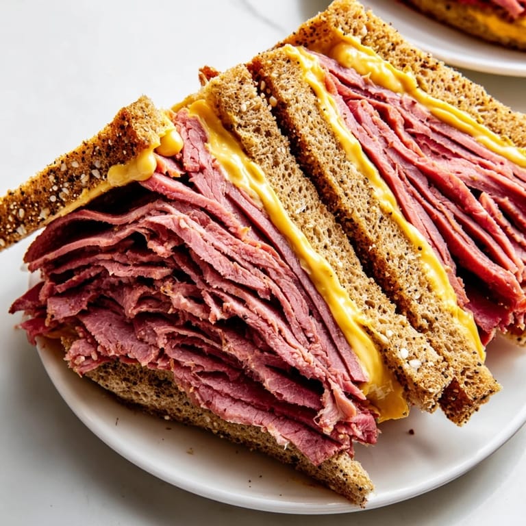 A close-up of a perfectly constructed pastrami on rye sandwich, with visible, savory layers.