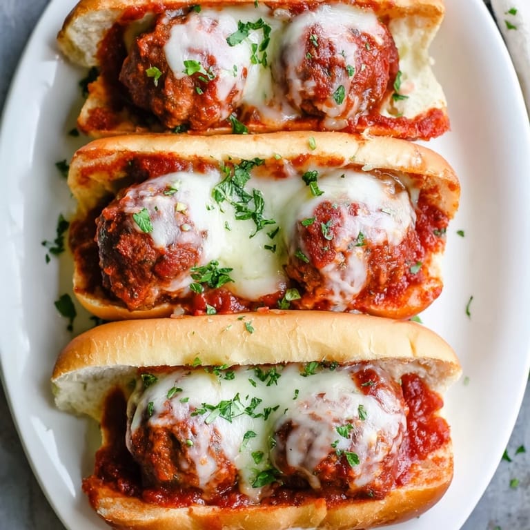 A close-up shot of a delicious meatball sub, overflowing with sauce and melted provolone cheese.