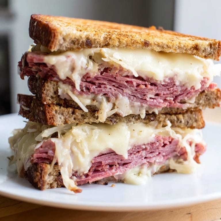Mouthwatering Reuben sandwich on rye, oozing with tangy sauerkraut, ready for a delicious lunch.