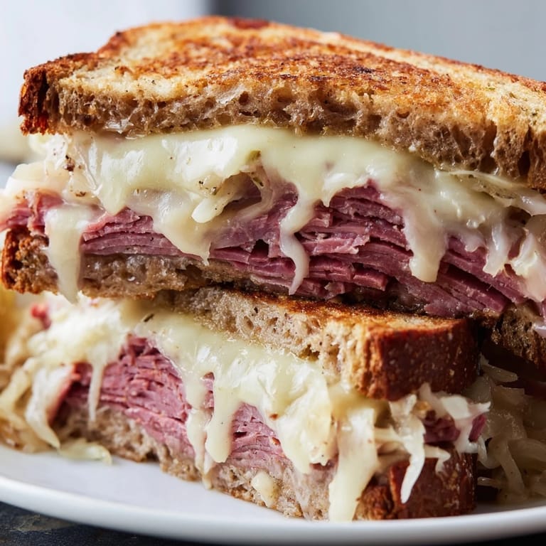 Warm Reuben sandwich grilled until crispy, the perfect combination of textures and classic deli flavors.