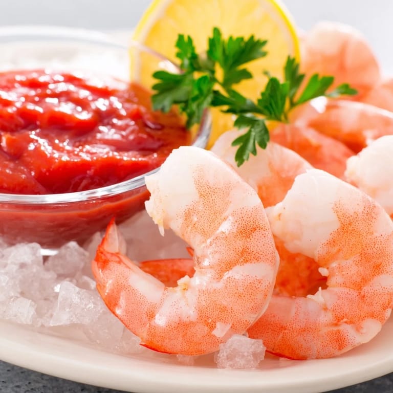 Bright, pink cooked shrimp arranged for Shrimp Cocktail, served with a tangy, flavorful sauce and lemon.
