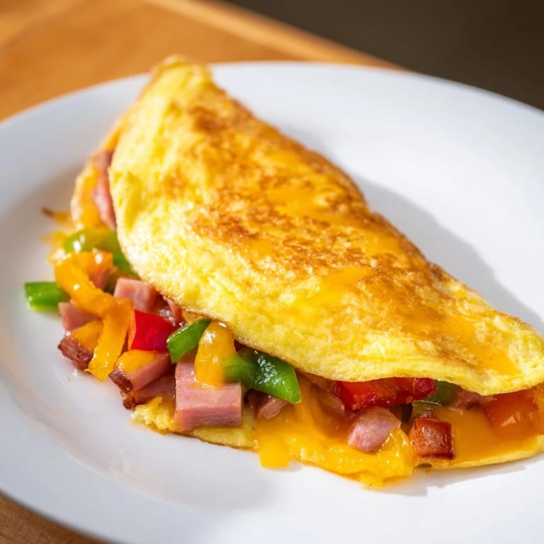 Close-up shot of a classic Denver omelet, highlighting the colorful filling and rich flavors.