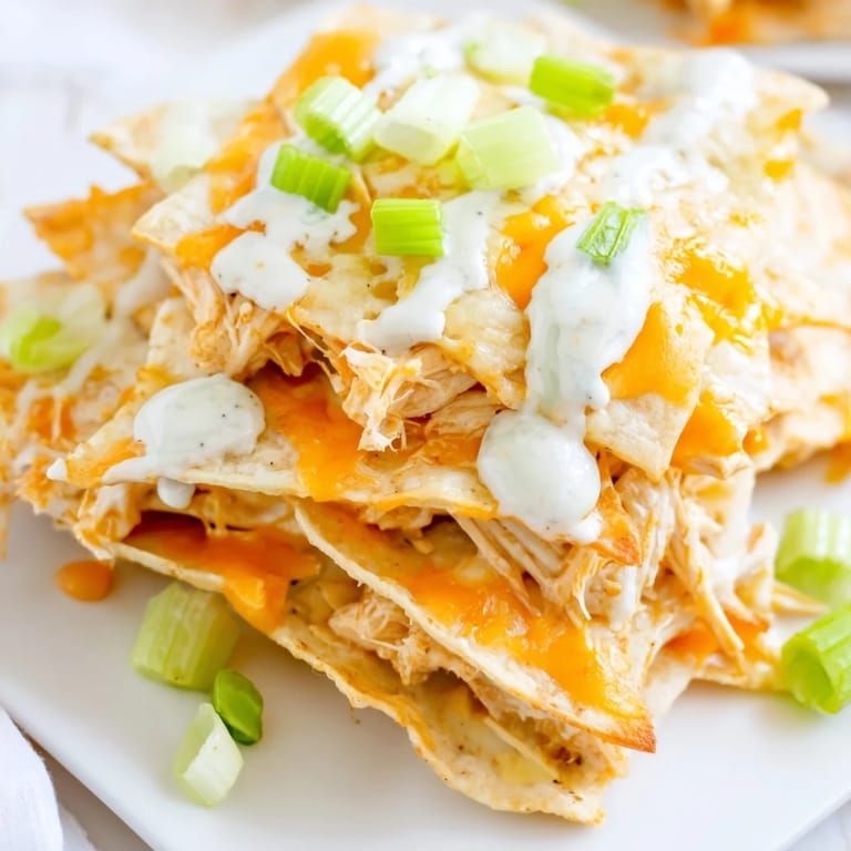 Game day platter of Buffalo Chicken Nachos with shredded chicken, melty cheese, and ranch, served hot and ready to share.