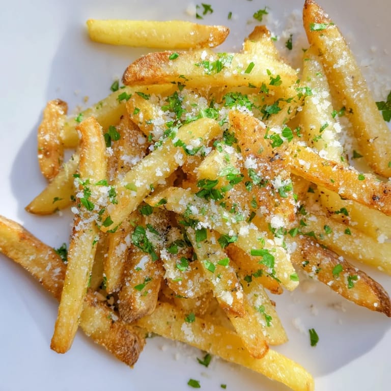 Golden-brown Truffle Parmesan Fries tossed in truffle oil, showing steam and grated Parmesan.