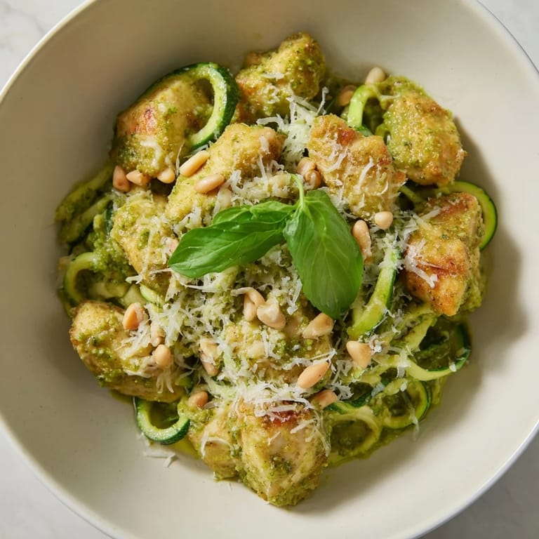 A close-up of a colorful pesto zucchini chicken bowl topped with Parmesan and toasted pine nuts.
