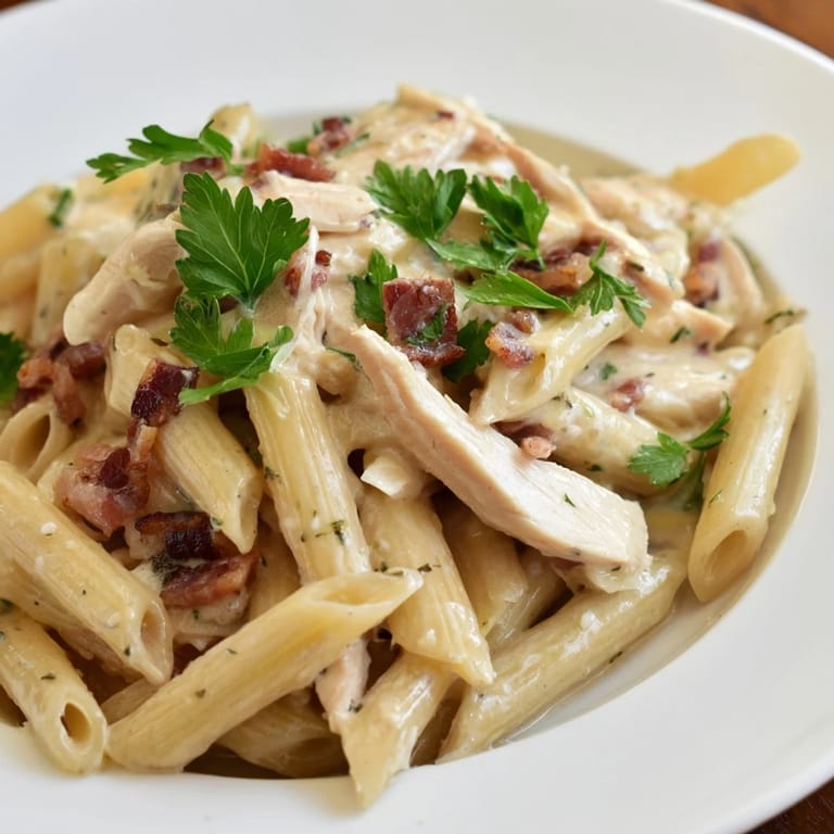 Creamy Chicken Bacon Penne tossed in a rich garlic-Parmesan sauce, ready to serve for dinner.