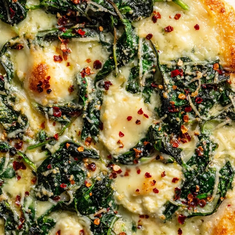 Homemade Spinach Ricotta Pizza with bubbling cheese, garlic butter brushed crust, and vibrant green spinach toppings.