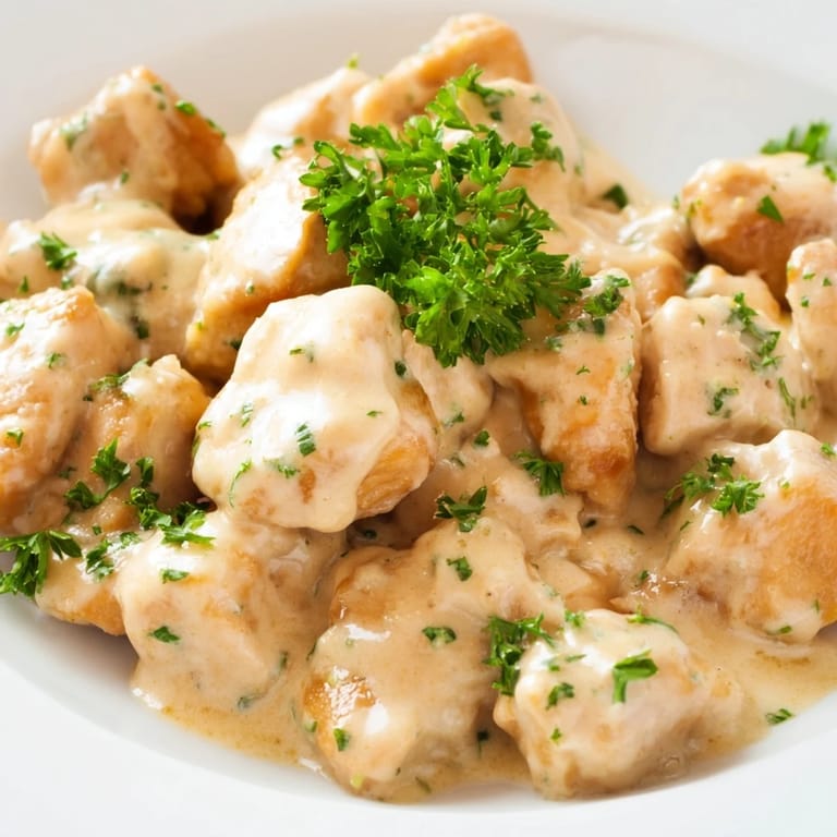 Tender Creamy Garlic Chicken Bites in a luscious garlic cream sauce, paired with crusty bread for dipping into the flavors.