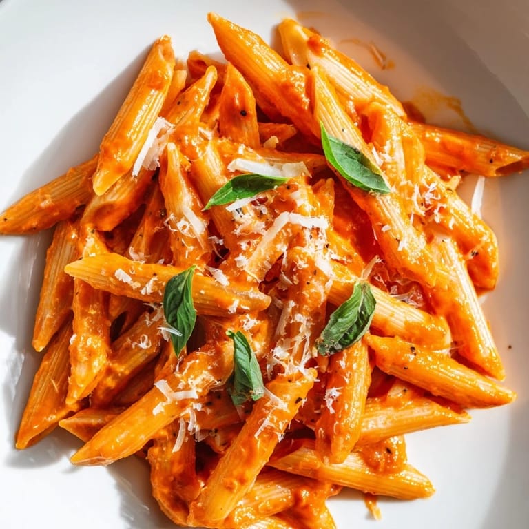 A skillet of Roasted Red Pepper Pasta with penne, rich sauce, and colorful roasted red pepper flecks.
