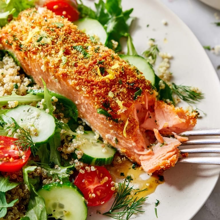 Zesty citrus vinaigrette glistens on the fresh herbs, tomatoes, and cucumber in this Lemon Herb Salmon Salad.