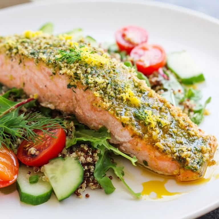 Warm salmon fillets are nestled over fluffy quinoa and crisp greens for a satisfying Lemon Herb Salmon Salad.