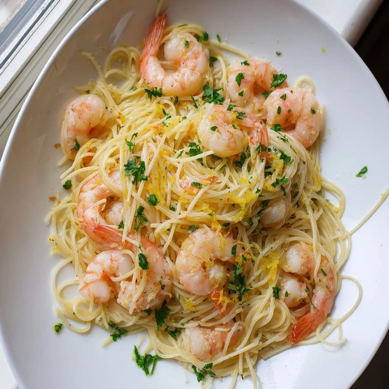 A forkful of tender shrimp and al dente pasta coated in silky lemon butter, served warm with parsley and lemon wedges.