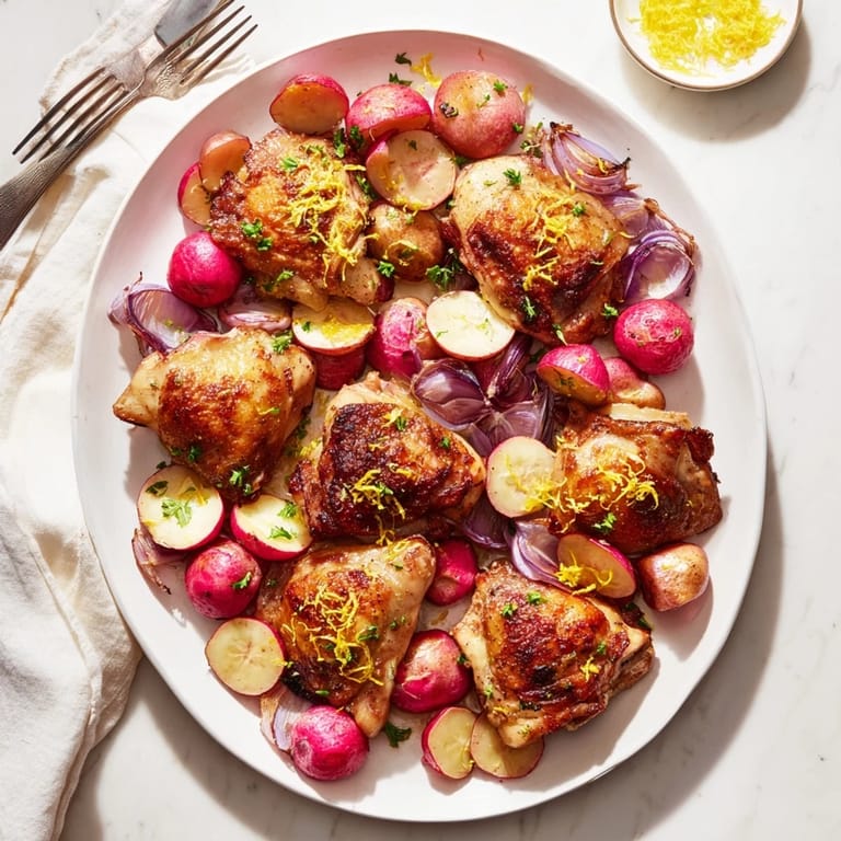 Juicy Roasted Radish & Chicken Sheet Pan dinner, featuring tender chicken, sweet radishes, and crispy potatoes on a rimmed baking sheet.