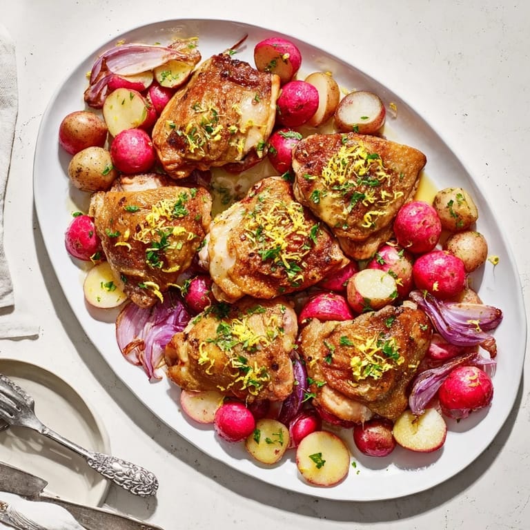 Bright Roasted Radish & Chicken Sheet Pan with glazed vegetables and golden chicken thighs, drizzled with lemon and ready to serve.
