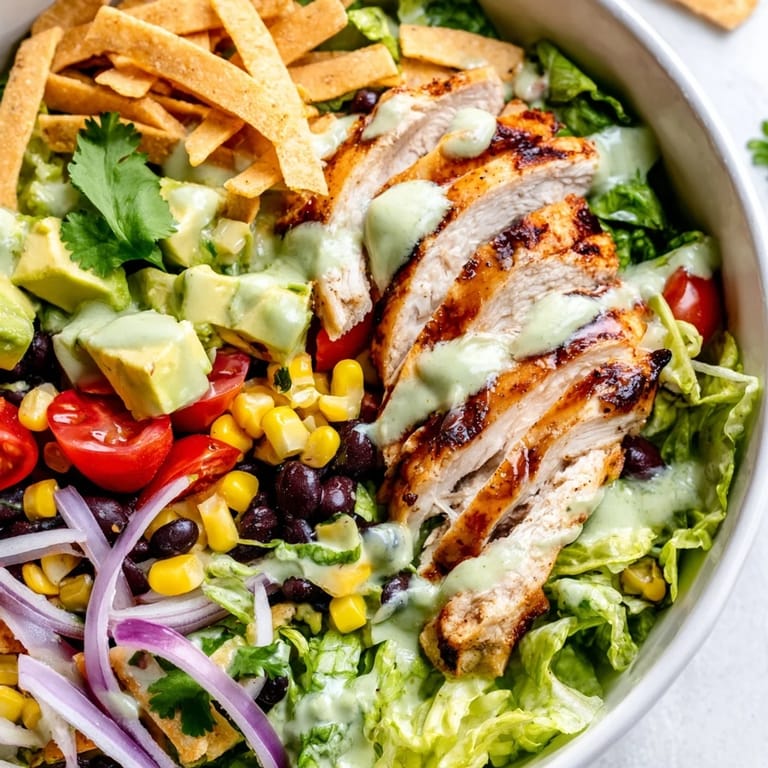 A colorful Honey Lime Chicken Taco Salad garnished with fresh cilantro and crunchy tortilla strips, ready to serve.