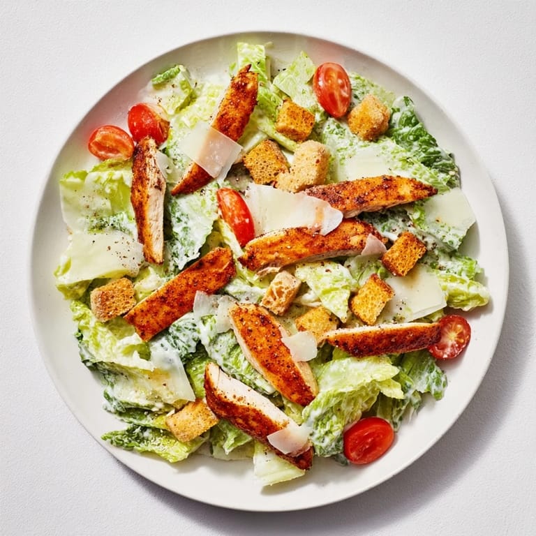 Tender grilled chicken rests atop fresh romaine lettuce, tossed in a creamy Greek yogurt Caesar dressing for a healthy twist.