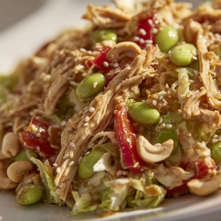 Serving suggestion for Edamame Crunch Chicken Salad: a vibrant mix of red cabbage, carrots, and edamame drizzled with zesty ginger dressing.