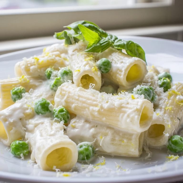 Spring-inspired pea and lemon ricotta pasta tossed with sweet green peas and vibrant lemon zest.