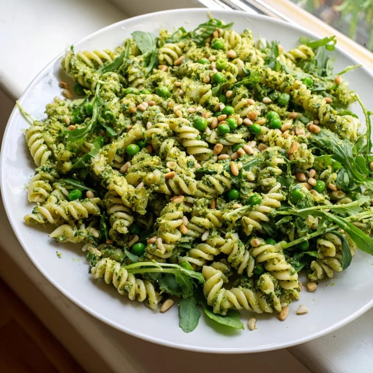 Close-up of Spring Green Pesto Pasta Salad topped with toasted pine nuts and lemon zest, garnished with fresh mint and crumbled feta.