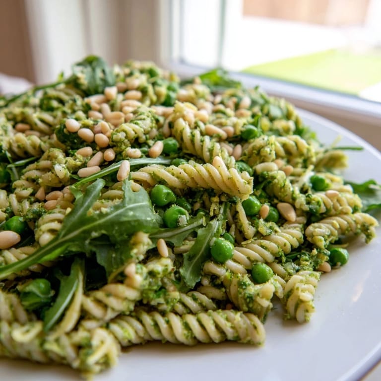 Spring Green Pesto Pasta Salad served chilled on a picnic blanket, mixed with baby arugula and peas for a refreshing spring meal.