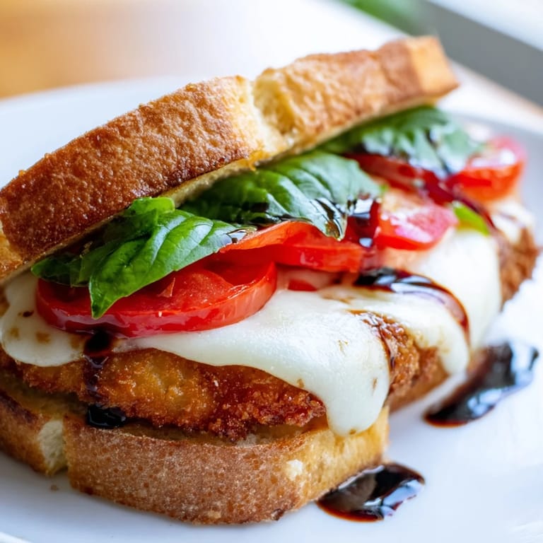 Homemade Crispy Chicken Caprese Sandwich drizzled with balsamic glaze, ready to serve with a side of Italian greens.