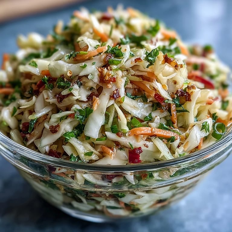 Sauerkraut Slaw tossed with crisp red bell pepper slices and green onions in a rustic wooden bowl. A light vinaigrette glistens on the fermented cabbage, highlighting the fresh ingredients for a healthy gut-friendly recipe.