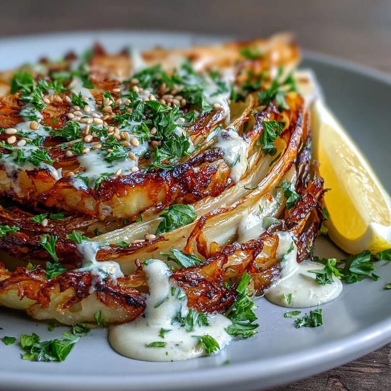 Vegan roasted cabbage steaks, finished with sesame seeds and lemony tahini for a bright, savory side.