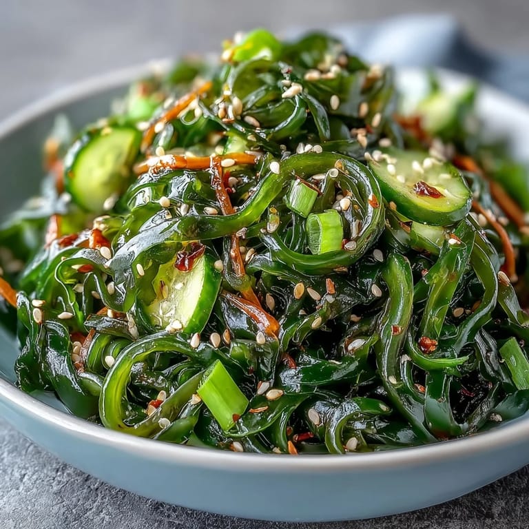Close-up of freshly tossed Seaweed Salad featuring rehydrated wakame, scallions, and chili flakes, garnished with toasted sesame seeds and cilantro.