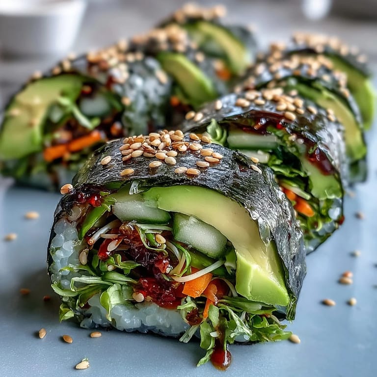 Freshly rolled Nori Rolls with Vegetables featuring crunchy sprouts and bell peppers, cut into bite-sized pieces on a platter.